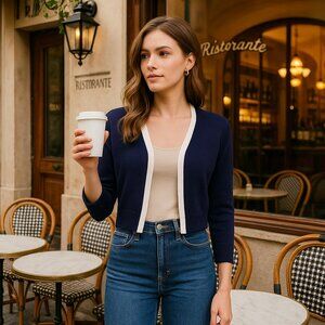 Pointelle Navy Cropped Open-Front Cardigan with White Trim | Size Medium